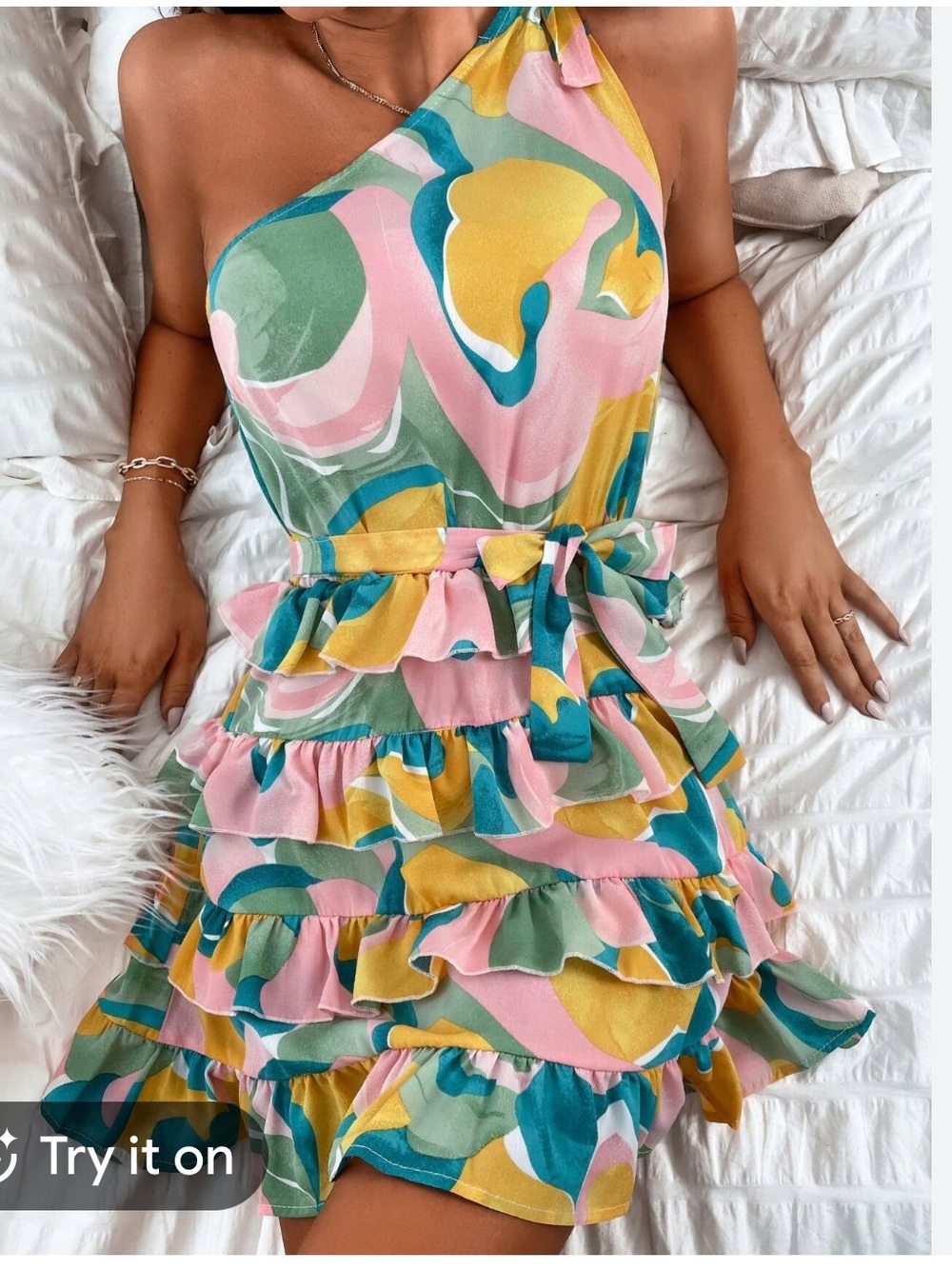 Sunday Up One Shoulder Tie Up Multi Ruffle Skirt Mini Dress Colorful Women’s M